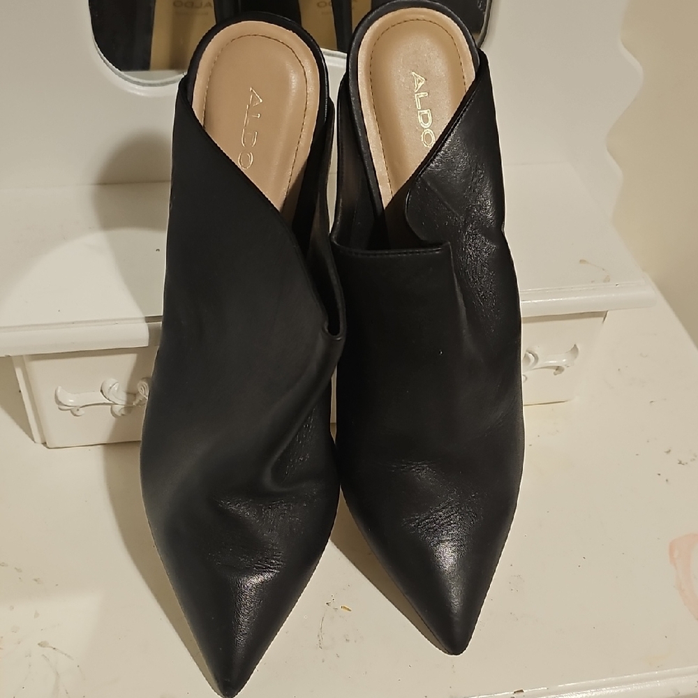 Aldo Black Pointed Slip-On Mule Heels